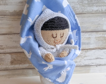 Knit Baby Doll with Reversible Blanket, Amigurumi Doll Play Set, Stuffed Doll with Bonnet, Toddler Gift, One of a Kind, Tracked Shipping