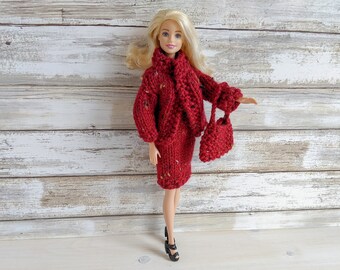 Knit Barbie Clothes, Three Piece Barbie Outfit, Barbie Skirt Jacket Purse, Fashion Doll Clothes, Knit Doll Clothes, Stocking Stuffer