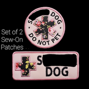 Set of Two (2) Sew On Patches - Floral Working Dog Patches For Vest or Harness - Sew On Patches - Medical Alert Patches