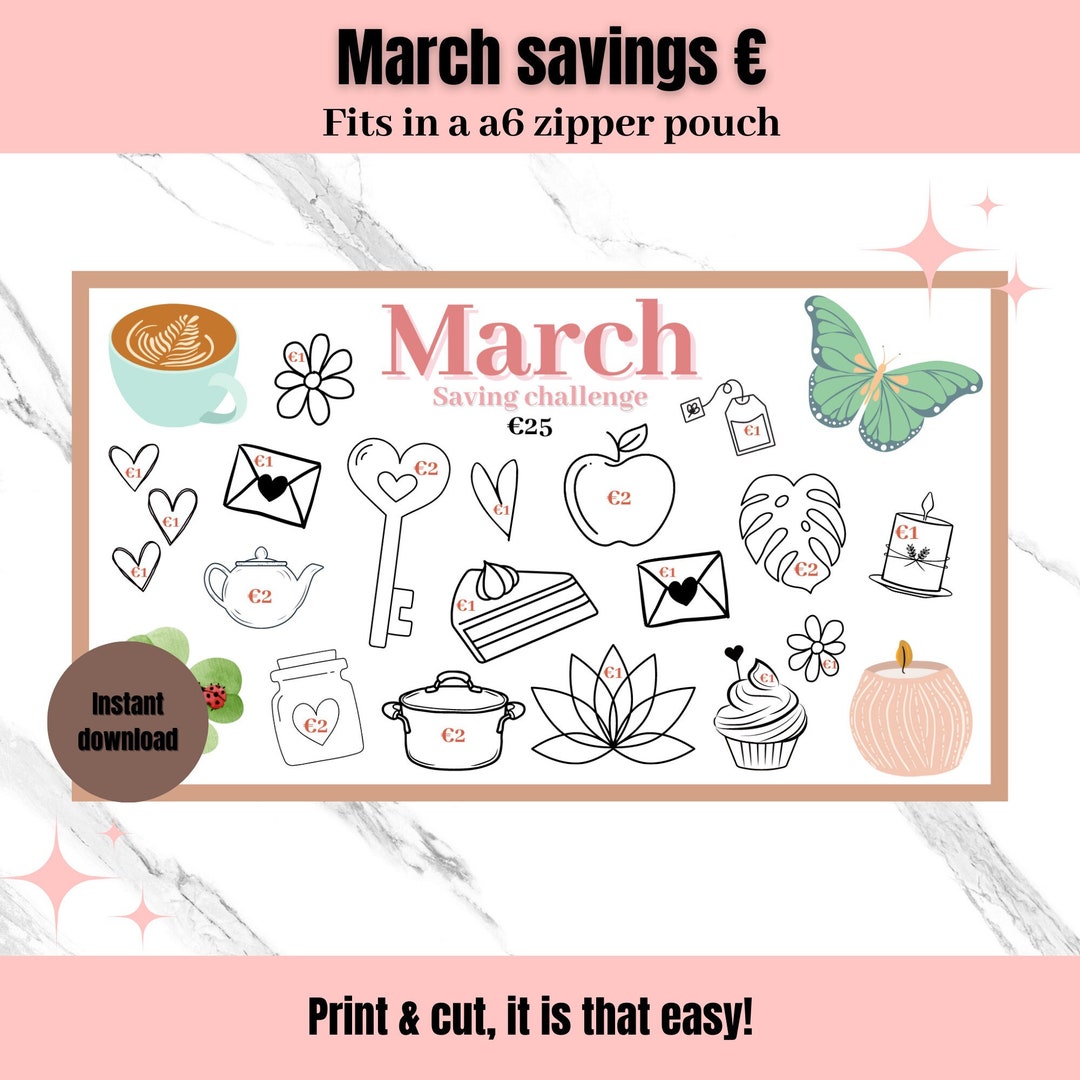 Digital March Saving Challenge Dollar or Euro A6 for Zipper Pouch ...