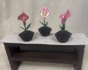 Set of 3 Handmade Clay Calla Lilies in Mini Pots, Permanent Botanical Decor