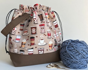 Medium Coffee Project Bag: Knitting Bag, Crochet Bag, Yarn Tote, Craft Organizer, Drawstring