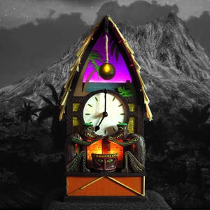 May include: A wooden tiki clock with a thatched roof, a clock face, and two tiki figures on either side. The clock is lit up with a purple and orange glow. The background is a black and white image of a tropical island.