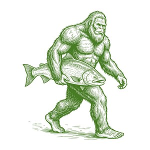 Sasquatch With Fish Vector T‑Shirt Design — Bigfoot Fishing Graphic, Retro Outdoors Illustration, Funny Wilderness Camper Tee Art