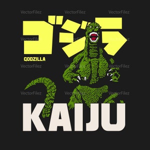 Può includere: Un mostro verde Godzilla Kaiju con uno sfondo giallo e la parola giapponese per Godzilla in giallo. Il testo "GODZILLA" e "KAIJU" sono in bianco.