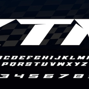 May include: White KTM logo in a racing font, with the alphabet and numbers 1-9 in the same style. Set against a black background with a chequered flag pattern.