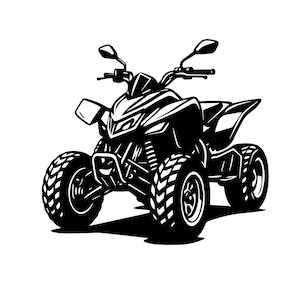 May include: Black and white illustration of an ATV, or all-terrain vehicle. The ATV has four wheels, a handlebar, and a seat.