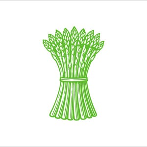 May include: A green illustration of a bundle of asparagus tied with a band. The asparagus spears are detailed with fine lines, and the overall design is set against a white background. The image is a simple, clean graphic.
