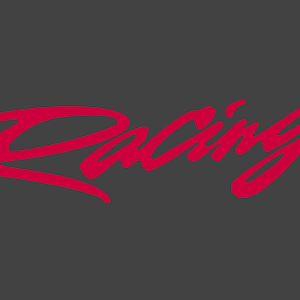 Könnte beinhalten: Ein rotes, stilisiertes Wortzeichen, das "Racing" in einer fetten, handgeschriebenen Schrift liest.