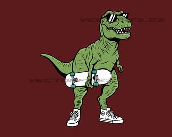Projekt koszulki z dinozaurem T-Rex na deskorolce: wzory naklejek z gadami (EPS, PNG)
