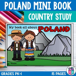 Peut inclure: Un livre éducatif coloré intitulé "Poland Mini Book Country Study" avec le texte "My book all about Poland." La couverture présente des illustrations de dessins animés de deux personnes en tenue polonaise traditionnelle, des montagnes et le texte "GRADES PK-I" et "15 PAGES."