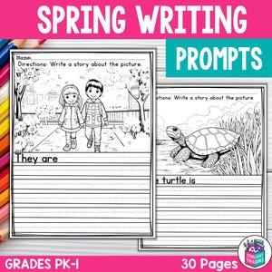May include: A workbook titled "Spring Writing Prompts" with illustrations and writing lines. The cover features the text "Spring Writing Prompts" and "Grades PK-I". One page shows two children walking, and another shows a turtle.