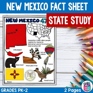 Può includere: Un foglio informativo del New Mexico per le classi PK-2, con una mappa rossa dello stato, illustrazioni di un peperoncino, un orso nero e un roadrunner, e la bandiera dello stato. Il testo include la capitale, il soprannome e l'abbreviazione dello stato. Matite colorate sono disposte su una superficie di legno bianco.
