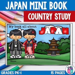 以下が含まれることがあります： 「Japan Mini Book Country Study」と題された、カラフルな教育用書籍。表紙には、日本の人物、塔、そして「Japan」という言葉の漫画イラストが描かれています。この本はPK-Iのグレード向けで、15ページあります。