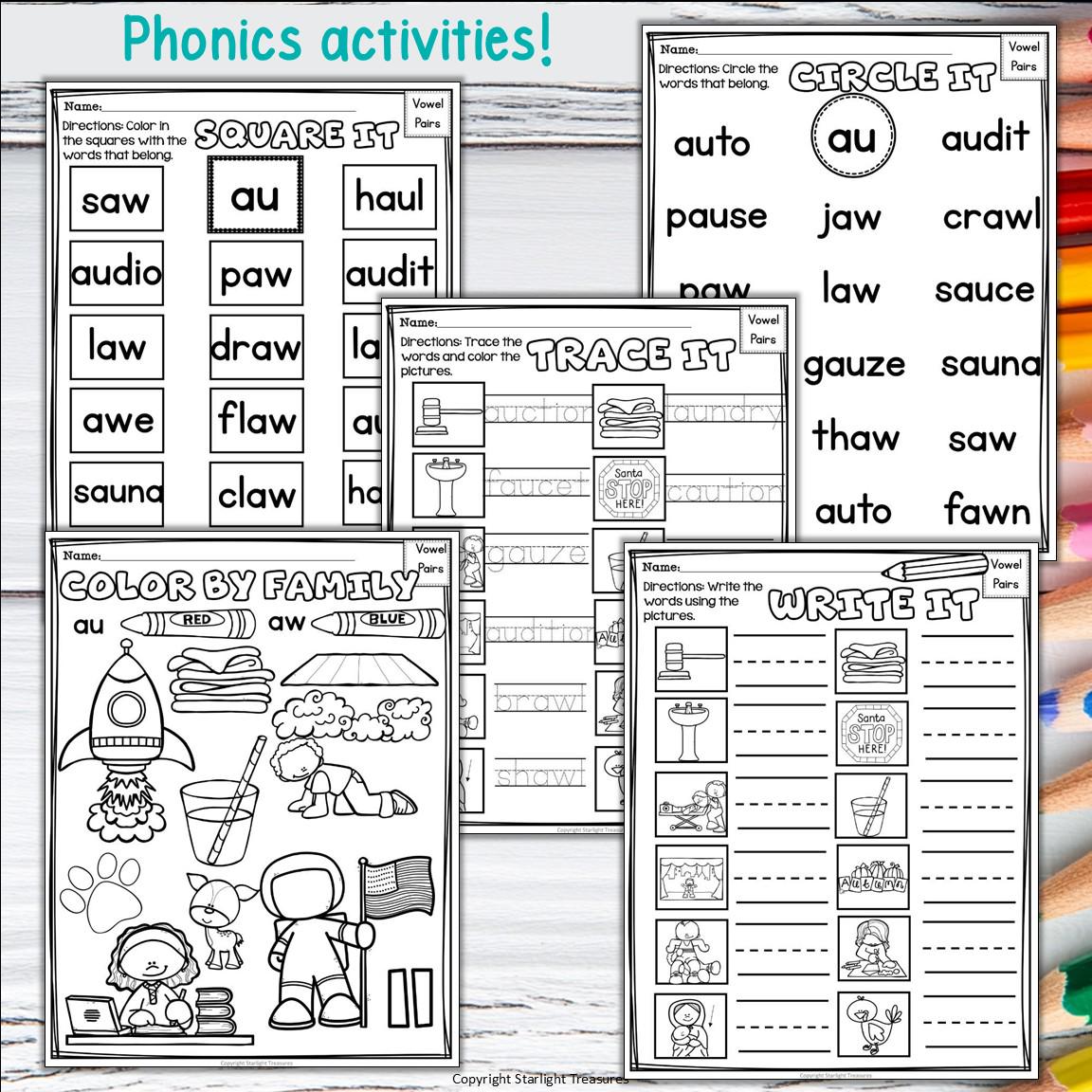 Vowel Pairs AU, AW Worksheets and Activities for Early Readers ...