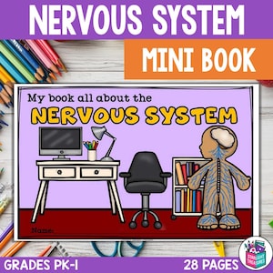 May include: A mini-book cover with the title "NERVOUS SYSTEM" in large, colorful letters. The cover features a desk with a computer, lamp, and chair, plus an illustration of the nervous system. Text includes "GRADES PK-I" and "28 PAGES."