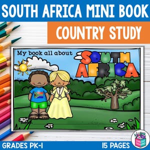 Op de afbeelding: Een kinderboek getiteld "South Africa Mini Book Country Study". De omslag bevat cartoonillustraties van twee kinderen, de Zuid-Afrikaanse vlag en de woorden "South Africa" in grote, kleurrijke letters. Het boek is voor de klassen PK-I.