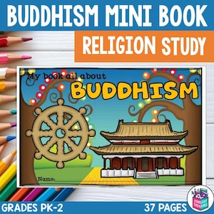 Puede incluir: Un libro infantil titulado "Buddhism Mini Book Religion Study". La portada presenta una ilustración de dibujos animados de un templo budista, una rueda del Dharma y el texto "My book all about Buddhism". Para los grados PK-2, el libro tiene 37 páginas.