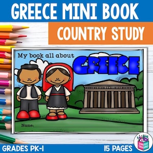Puede incluir: Una portada de mini libro colorida con el título "Greece Mini Book Country Study". La portada presenta una ilustración de dibujos animados de un hombre y una mujer griegos con ropa tradicional, un edificio con columnas y la palabra "Greece" en letras azules.