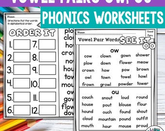 Vowel Pairs OW, OU Worksheets and Activities for Early Readers - Phonics (Digital Download)