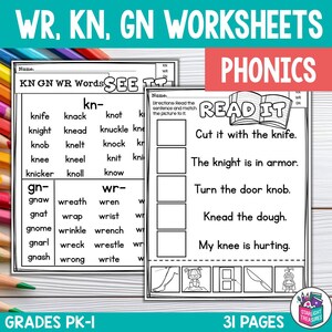 May include: Two black and white worksheets for early learners. The worksheets focus on phonics, with words starting with WR, KN, and GN. One worksheet lists words, and the other has sentences to match with pictures. The text reads "READ IT".