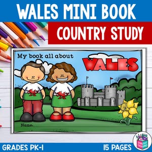May include: A colorful printable mini book for kids to learn about Wales. The cover features a cartoon illustration of a castle, a dragon, and two children wearing Welsh clothing. The text on the cover reads "My book all about Wales".