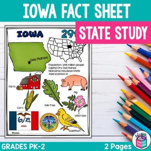 May include: An Iowa fact sheet for a state study, featuring illustrations of a farm, corn, a pig, an oak tree, a wild rose, and a goldfinch. Text includes the state's name, capital, nickname, and abbreviation.