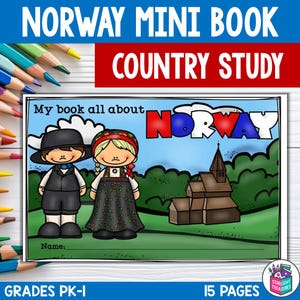May include: A colorful children's book cover titled "Norway Mini Book Country Study." The cover features cartoon illustrations of Norwegian figures, a church, and the word "NORWAY" in red, white, and blue. The book is for grades PK-I and has 15 pages.