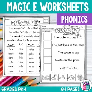 May include: Two worksheets for early learners with the text "MAGIC E WORKSHEETS PHONICS". One worksheet explains the "magic e" rule with examples like "face" and "dice". The other worksheet has sentences to match with pictures. The worksheets are labeled "GRADES PK-I" and "64 PAGES".
