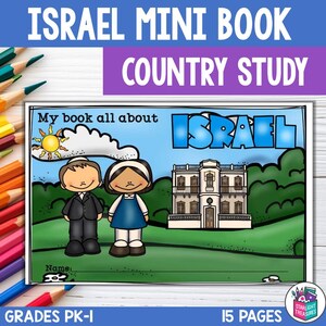 May include: A colorful children's book titled "Israel Mini Book Country Study." The cover features cartoon illustrations of two children, a building, and the word "Israel" in blue. The book is for grades PK-1 and has 15 pages.