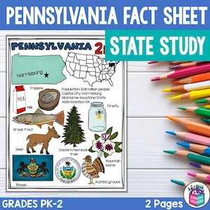 Pode incluir: Uma folha informativa da Pensilvânia para as séries PK-2, com ilustrações dos símbolos do estado, incluindo o mapa, a truta-de-riacho, o veado e o loureiro-da-montanha. O texto inclui a capital, o apelido e a abreviação. Lápis de cor no fundo.