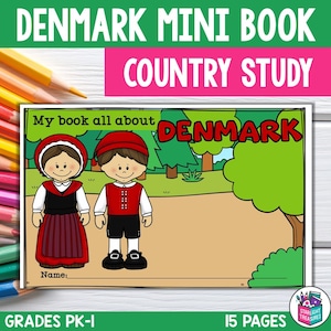 Op de afbeelding: Een printbaar miniboek voor kinderen om meer te leren over Denemarken. De omslag toont een cartoonillustratie van een meisje en een jongen in traditionele Deense kleding. De titel van het boek is "Mijn boek over Denemarken".