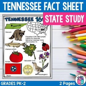 Könnte beinhalten: Ein Tennessee-Infoblatt für die Klassen PK-2 mit Illustrationen von Waschbär, Katzenwels, Tomate, Marienkäfer, Iris und Spottdrossel. Das Blatt enthält den Spitznamen, die Hauptstadt und die Abkürzung des Staates. Der Titel "Tennessee Fact Sheet" ist blau, "State Study" pink.
