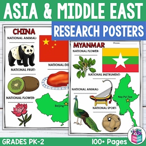 May include: Educational posters titled "Asia & Middle East Research Posters" for grades PK-2. The posters feature illustrations of national animals, fruits, flowers, and instruments, along with flags and maps. The poster includes the text "100+ Pages".