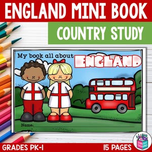 Puede incluir: Un folleto educativo colorido titulado "ENGLAND MINI BOOK COUNTRY STUDY" con ilustraciones de niños, un autobús de dos pisos rojo y la palabra "ENGLAND". El folleto está diseñado para los grados PK-I y contiene 15 páginas.