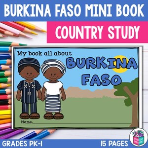 Könnte beinhalten: Ein buntes, druckbares Mini-Buch über Burkina Faso mit Illustrationen von zwei Personen in traditioneller Kleidung, einer Sonne und einem Baum. Das Buch trägt den Titel "Mein Buch über Burkina Faso" und ist für die Klassen PK-1. Es hat 15 Seiten.