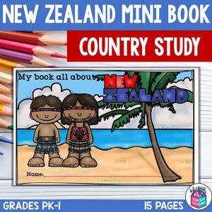 Könnte beinhalten: Ein farbenfrohes Mini-Buch mit dem Titel "New Zealand Mini Book Country Study" mit dem Text "My book all about New Zealand". Das Cover zeigt Cartoonfiguren, eine Strandszene und den Text "Grades PK-I" und "15 Pages".