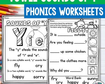 Vowel Sounds of Y Worksheets and Activities for Early Readers - Phonics Activity (Digital Download)