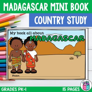May include: A children's book titled "Madagascar Mini Book Country Study." The cover features two cartoon figures in traditional clothing, with the word "Madagascar" in green. The book is for grades PK-I and has 15 pages.