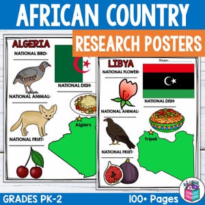Könnte beinhalten: Lehrreiche Poster für die Recherche über afrikanische Länder. Die Poster zeigen Illustrationen von Nationalvögeln, Tieren, Gerichten und Früchten sowie Flaggen und Karten. Der Text enthält "African Country Research Posters", "Algeria", "Libyen" und "Grades PK-2".