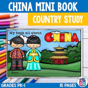 May include: A colorful book cover with the title "My book all about CHINA" in red, yellow, and blue letters. The cover features a cartoon illustration of a boy and girl in traditional Chinese clothing, a pagoda, and green trees. The text "GRADES PK-I" and "15 PAGES" are at the bottom of the cover.