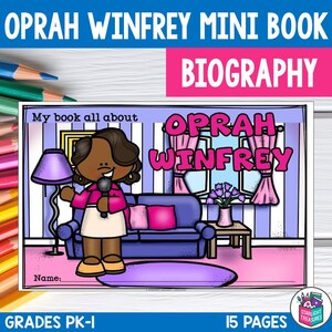 May include: A printable mini book biography for kids about Oprah Winfrey. The cover features a cartoon illustration of Oprah Winfrey holding a microphone in front of a purple couch and a window with pink curtains. The title of the book is "My book all about Oprah Winfrey".