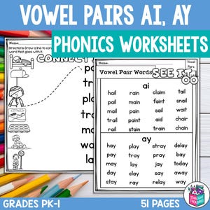 May include: Black and white phonics worksheets for grades PK-1. The worksheets feature vowel pairs AI and AY, with words like "hail," "play," and "train." The pages include activities to connect words and illustrations.
