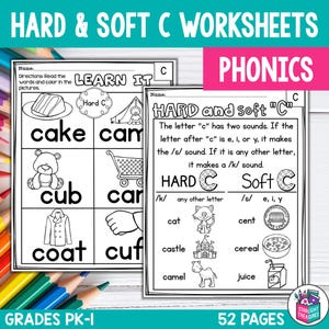 May include: Black and white phonics worksheets for grades PK-1. The worksheets focus on the hard and soft sounds of the letter "C". The worksheets include illustrations of words like cake, cam, cub, car, coat, and cuf. The text on the worksheets reads "HARD & SOFT C WORKSHEETS" and "PHONICS".