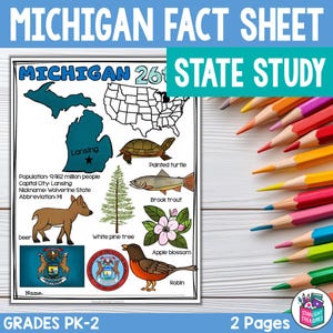 Puede incluir: Una hoja informativa de Michigan para los grados PK-2, con ilustraciones de un ciervo, una tortuga pintada, una trucha de arroyo y una flor de manzano. La hoja incluye el apodo, la abreviatura y la capital del estado, Lansing. Lápices de colores están a la derecha.