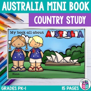 Puede incluir: Un mini libro imprimible colorido para niños sobre Australia. La portada presenta una ilustración de dibujos animados de dos niños, un niño y una niña, con camisas de la bandera australiana. La Ópera de Sídney está en el fondo. El título del libro es "Mi libro sobre AUSTRALIA". El libro es para los grados PK-1 y tiene 15 páginas.