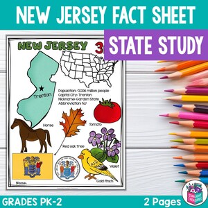 Pode incluir: Uma folha informativa de Nova Jersey para as séries PK-2, com símbolos estaduais como um cavalo, um tomate e um pintassilgo. A folha inclui o contorno do estado, a capital e o apelido. Lápis de cor são dispostos no lado direito da imagem.