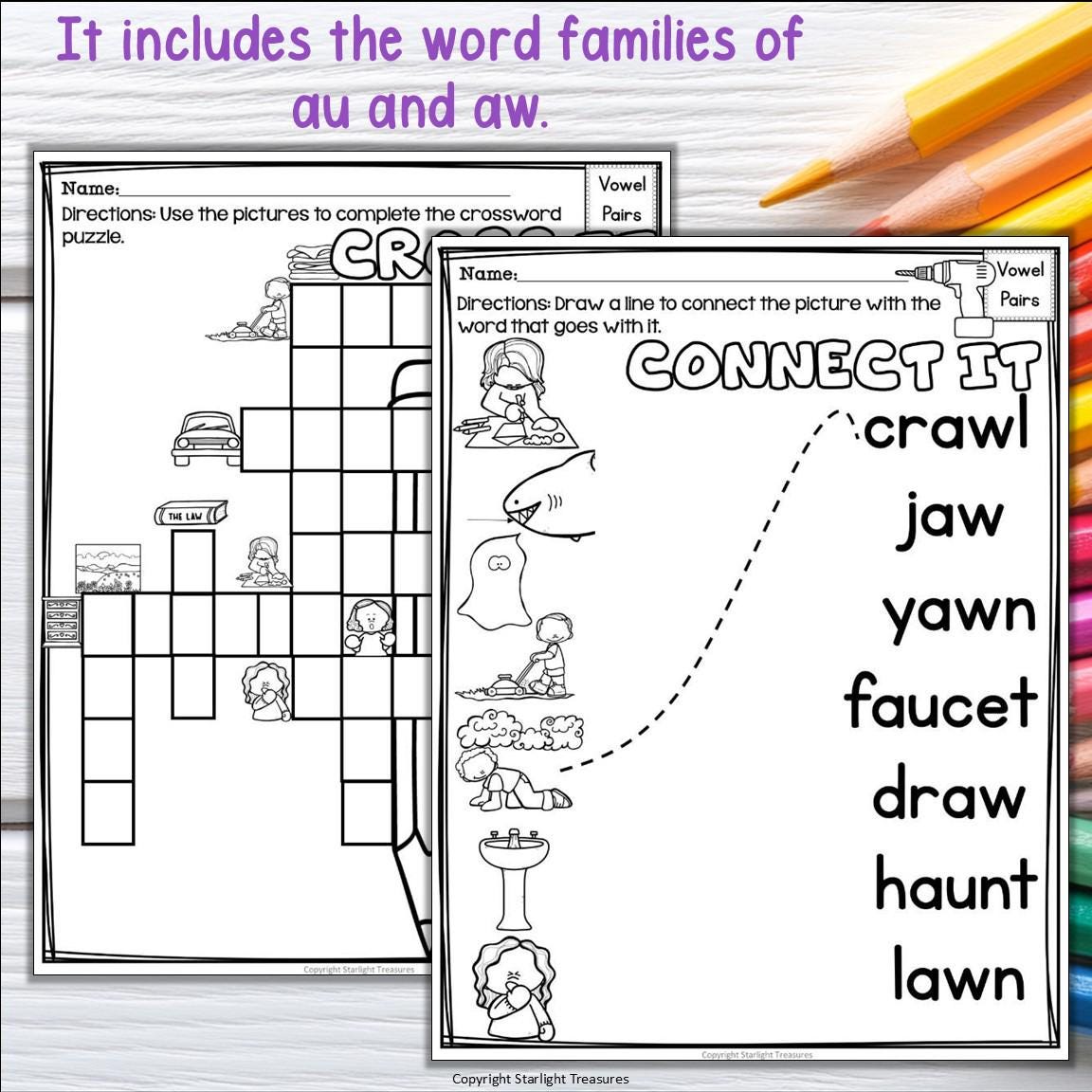 Vowel Pairs AU, AW Worksheets and Activities for Early Readers ...