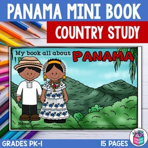 Puede incluir: Un mini libro imprimible colorido para que los niños aprendan sobre Panamá. La portada presenta una ilustración de dibujos animados de un niño y una niña con ropa tradicional, una cordillera y el texto "Mi libro sobre PANAMÁ".