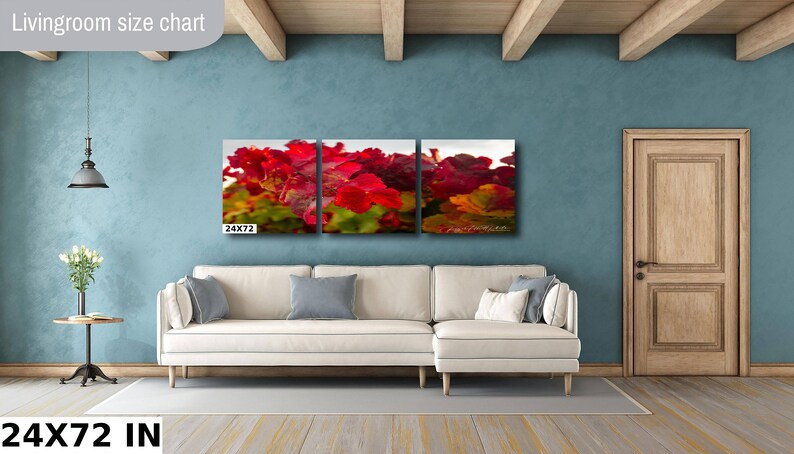 Close-up photo of vibrant red grapevine leaves in autumn, capturing the rich colors and textures of the harvest season. The bright, detailed foliage makes a striking and warm addition to any home decor, perfect for celebrating the beauty of fall.